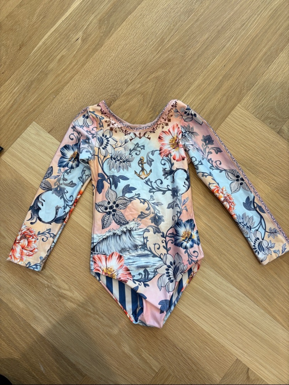 Floral Long-Sleeve Rash guard one piece swimsuit in Peach Blue
